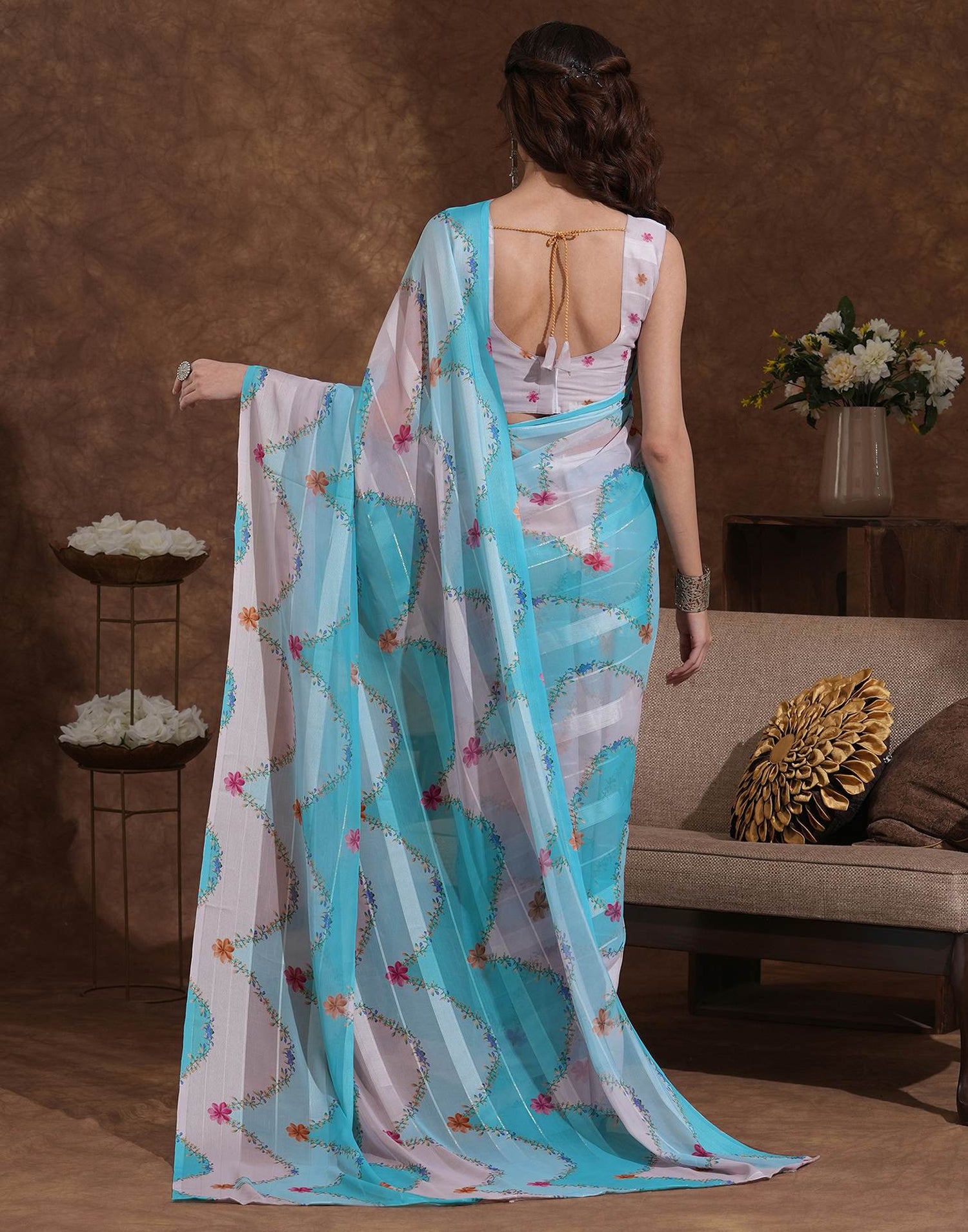 Beige Georgette Woven Printed Saree