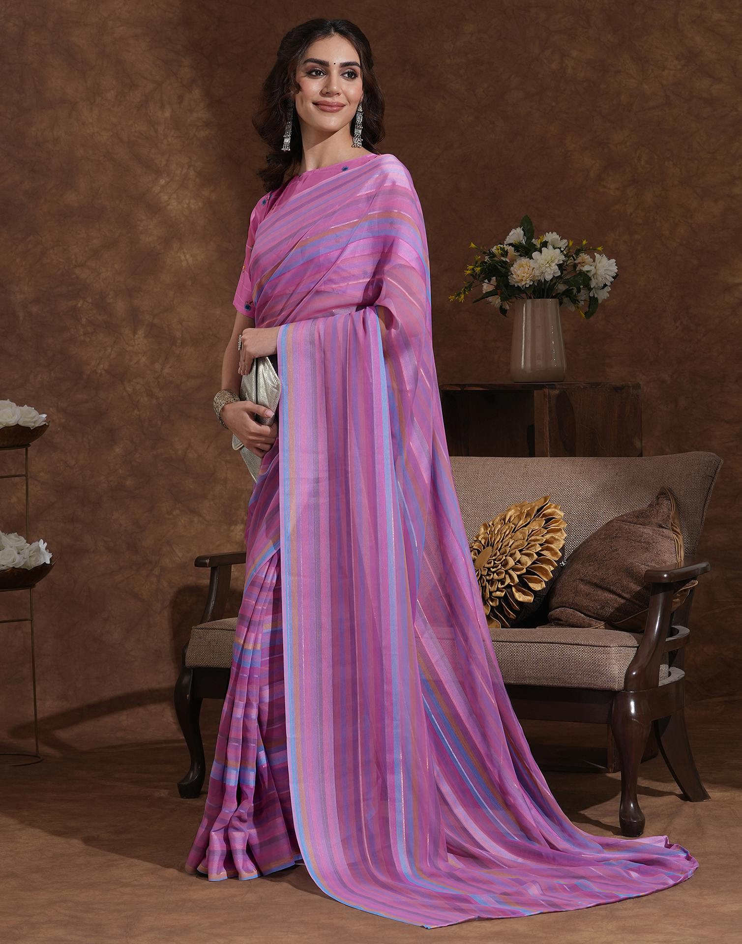 Pink Georgette Woven Printed Saree