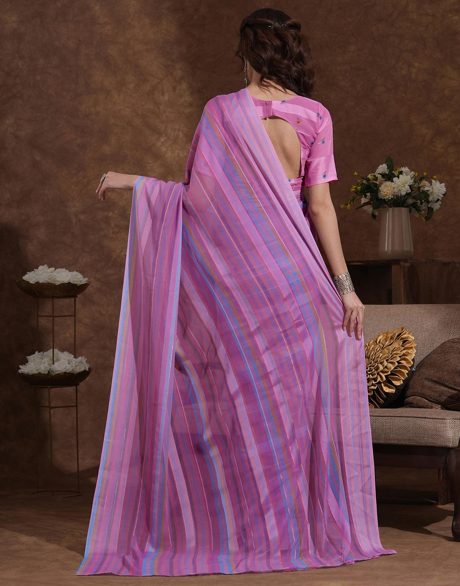 Pink Georgette Woven Printed Saree