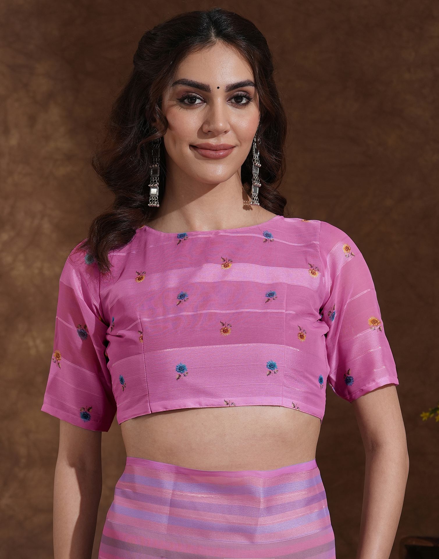 Pink Georgette Woven Printed Saree