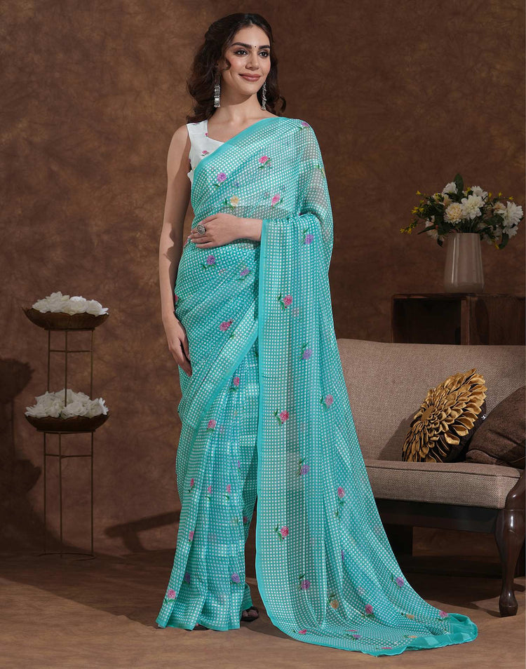 Light Turquoise Georgette Printed Saree