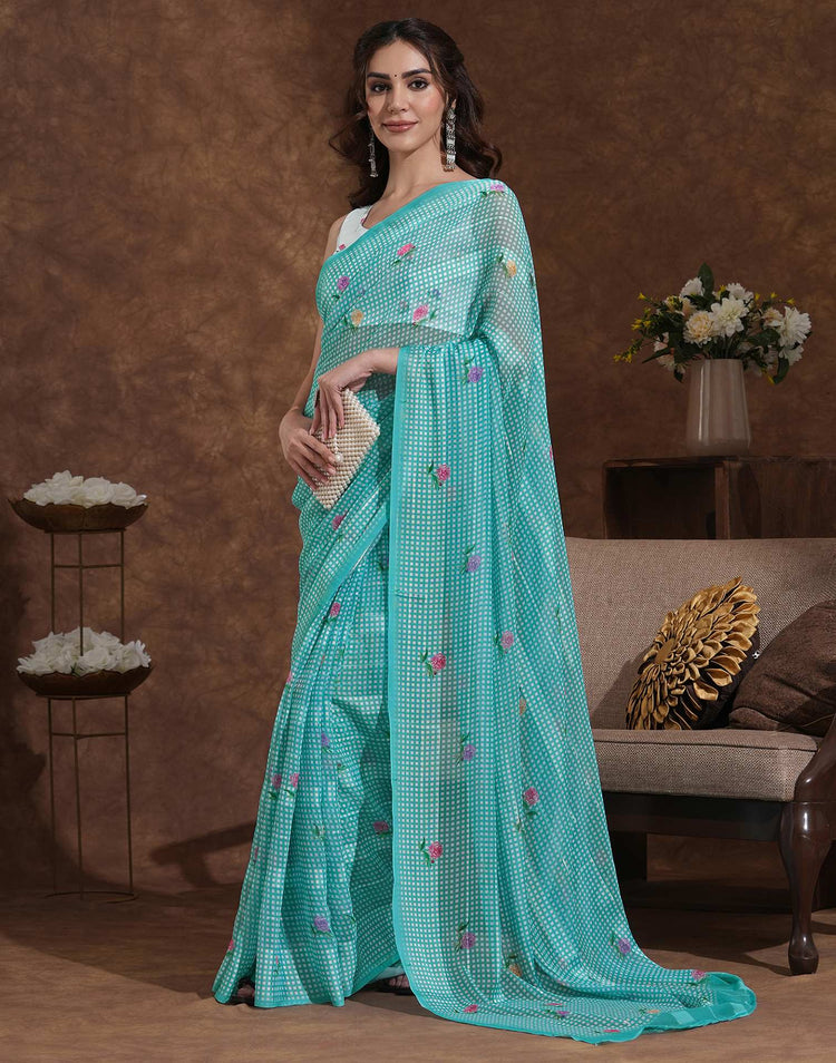 Light Turquoise Georgette Printed Saree