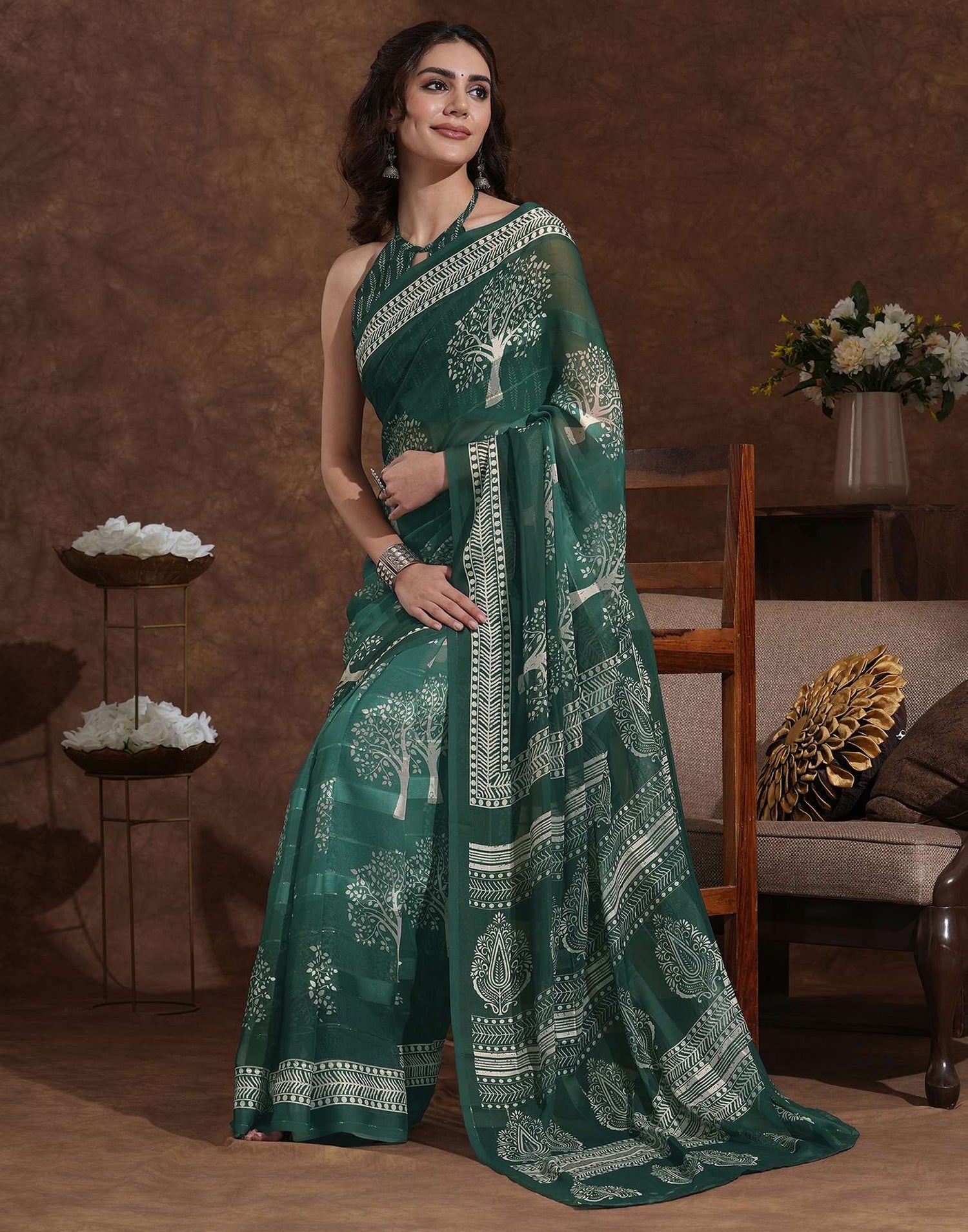 Dark Green Georgette Printed Saree