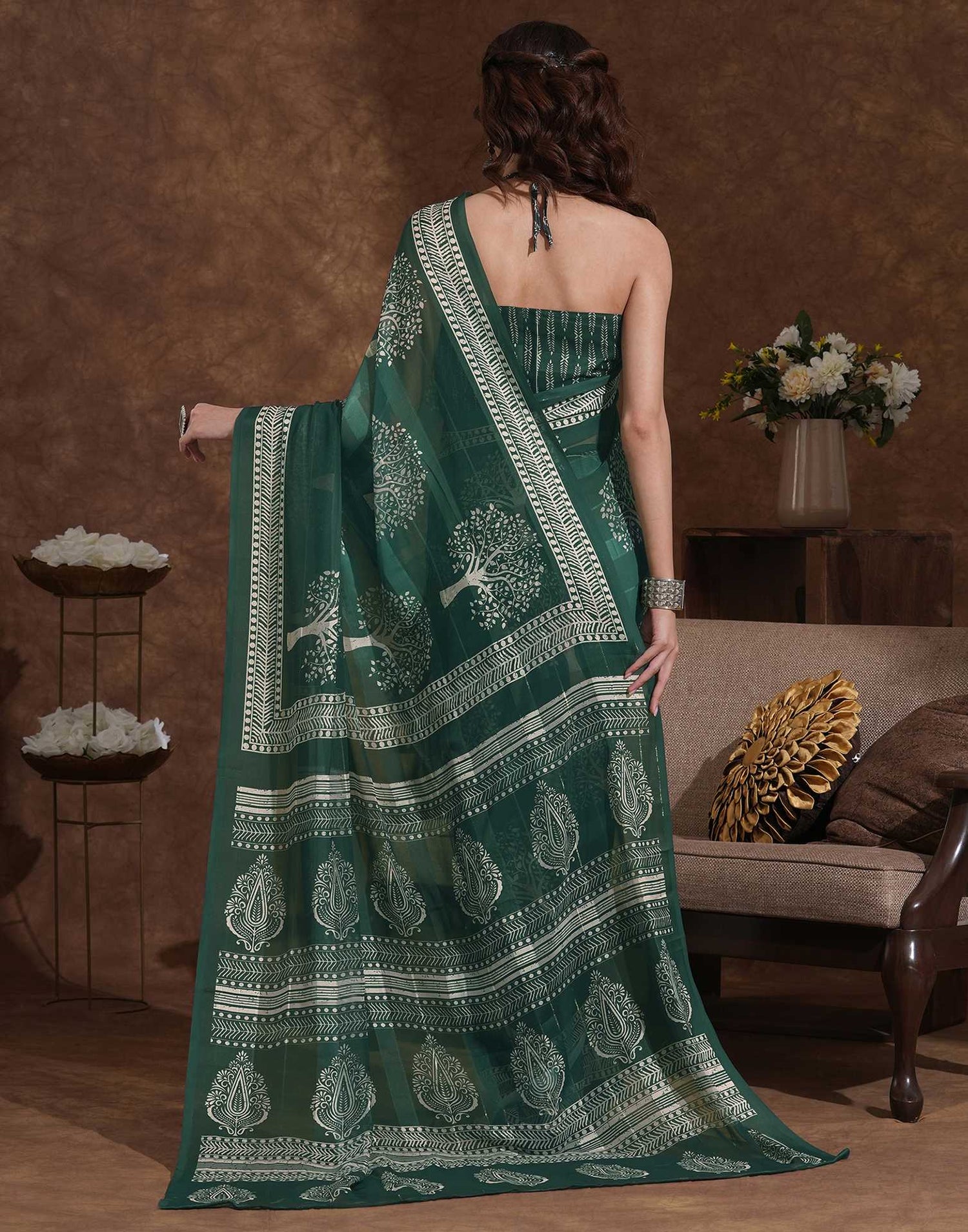 Dark Green Georgette Printed Saree