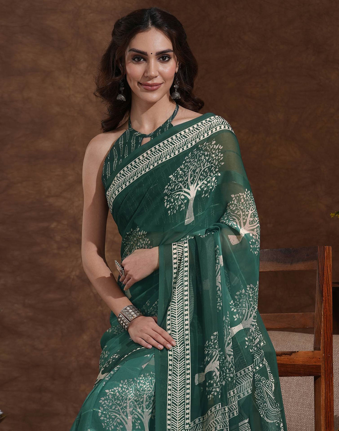 Dark Green Georgette Printed Saree