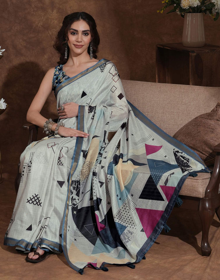 Dusty Beige Silk Printed Saree