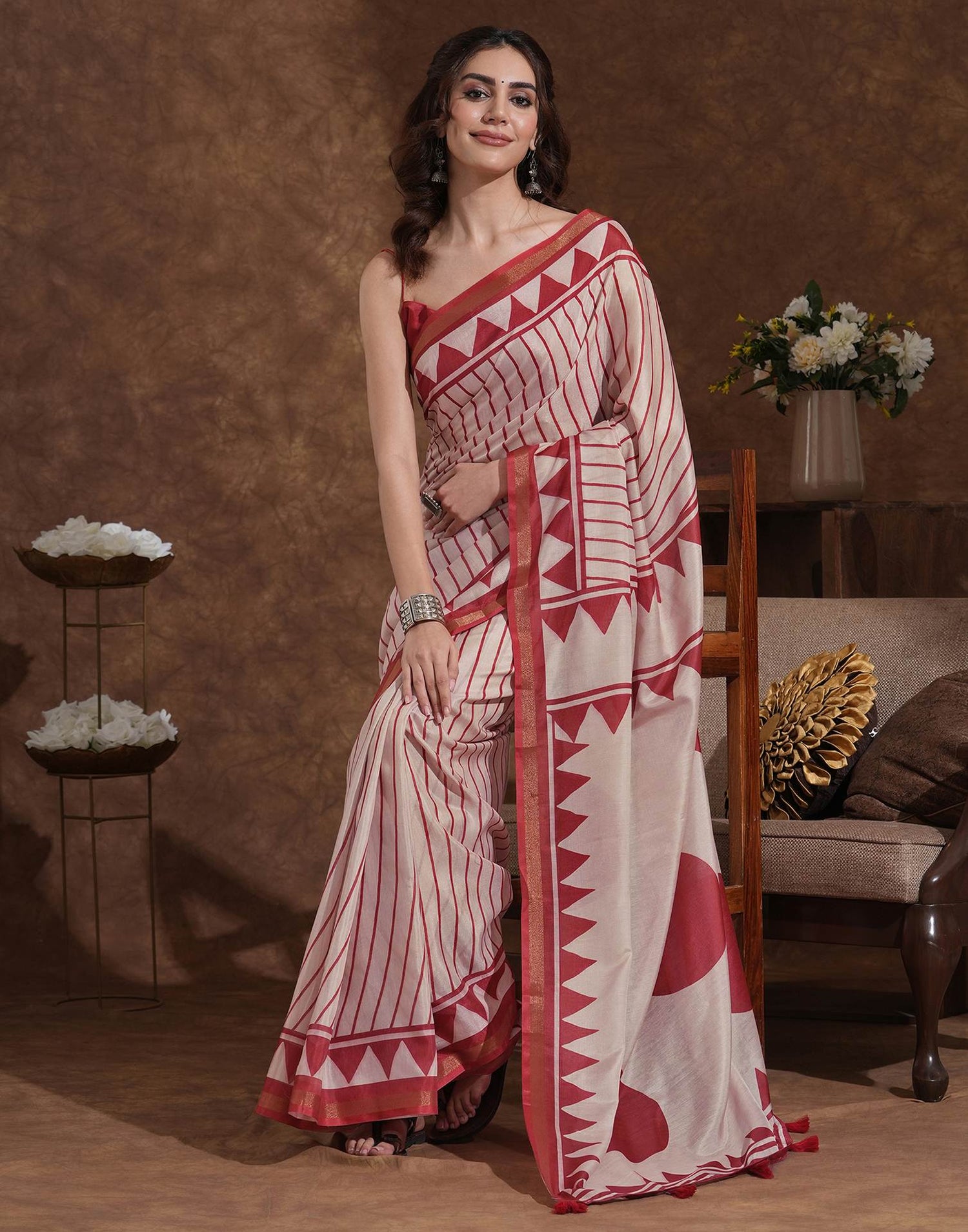 Dusty Peach Silk Printed Saree