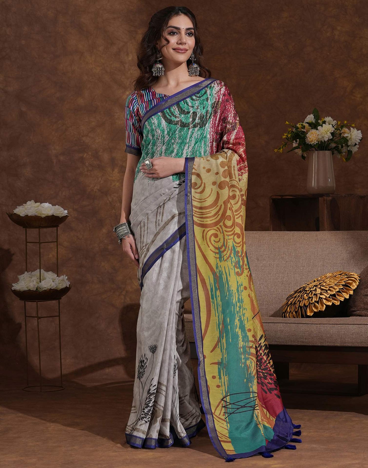 Beige Silk Printed Saree