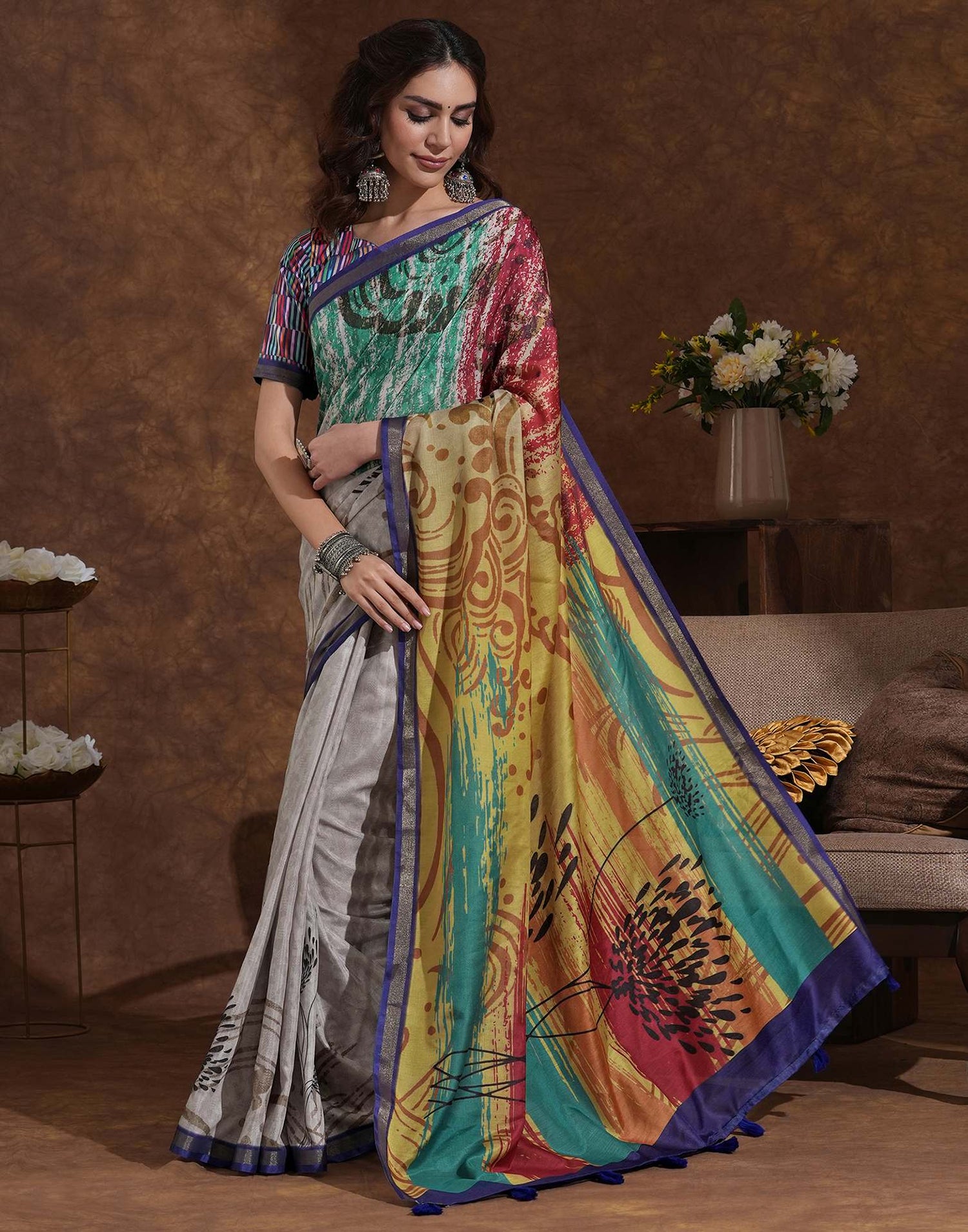 Beige Silk Printed Saree