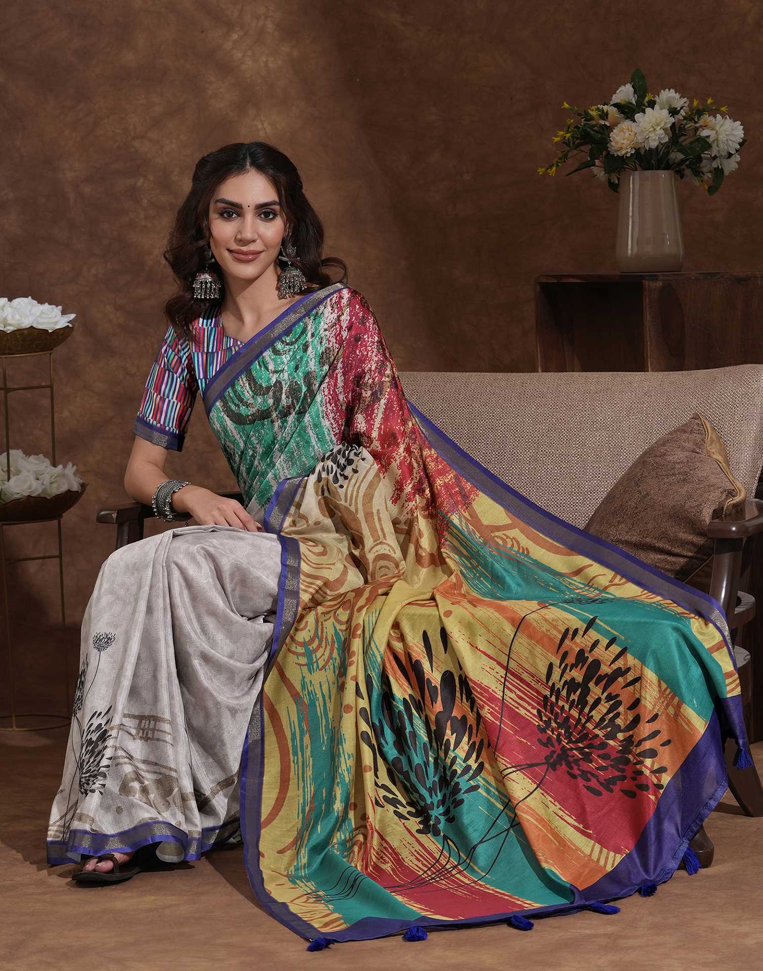 Beige Silk Printed Saree