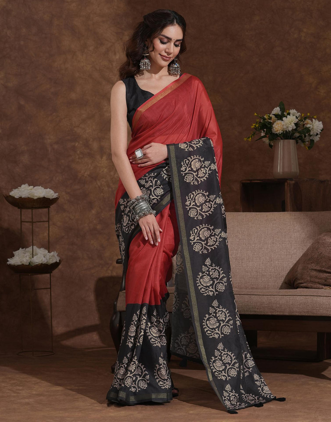Orange Silk Printed Saree