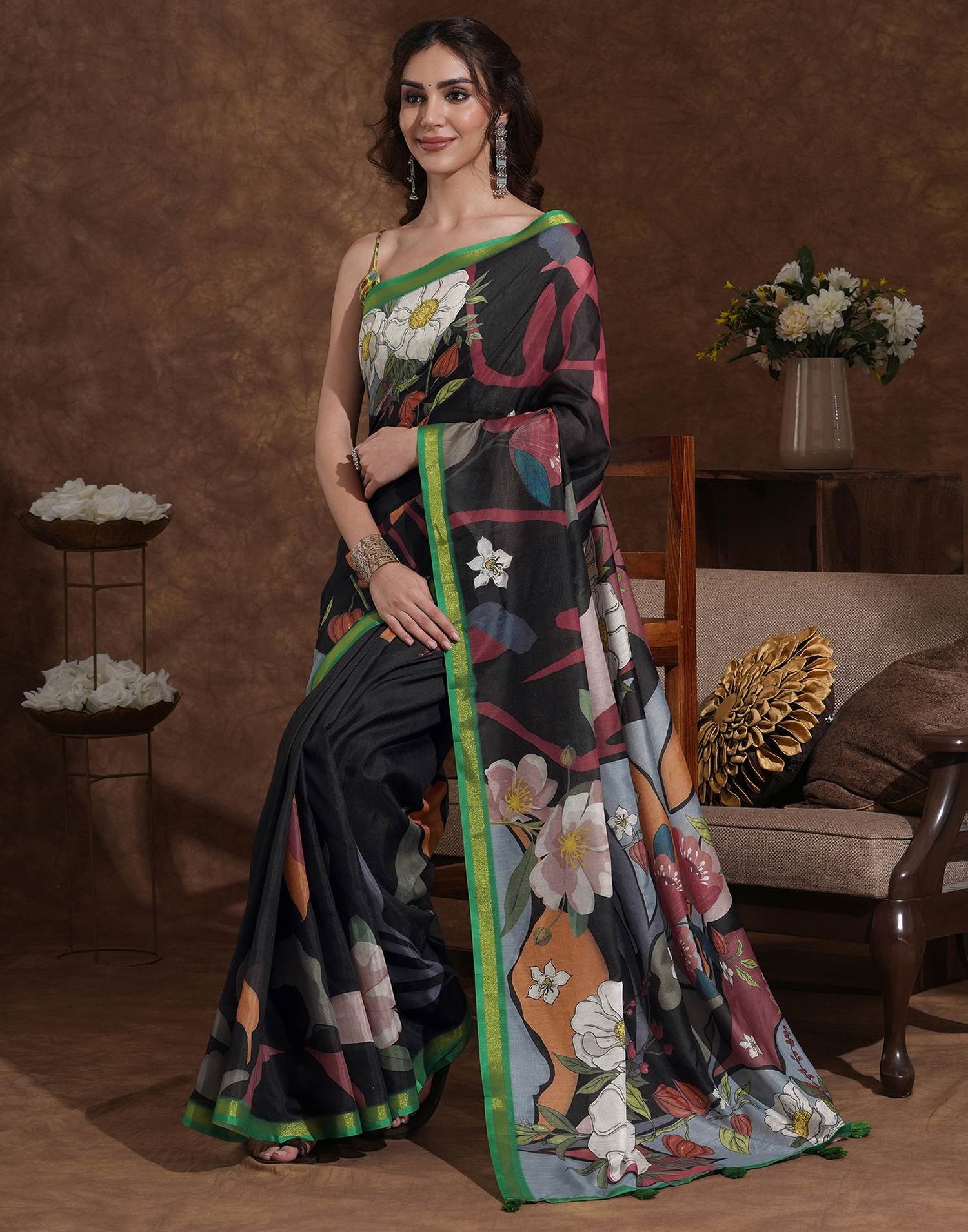 Black Silk Floral Printed Saree