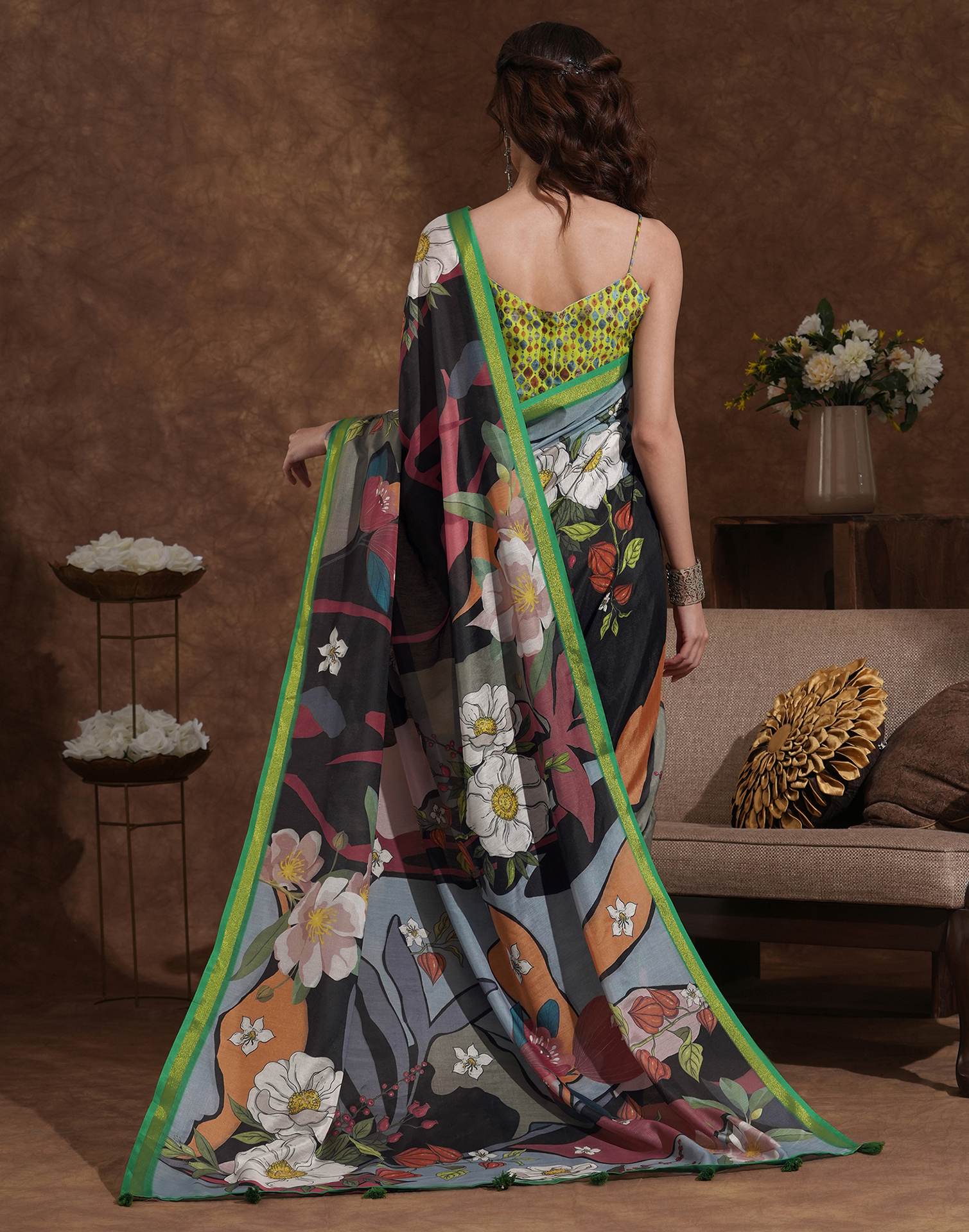 Black Silk Floral Printed Saree