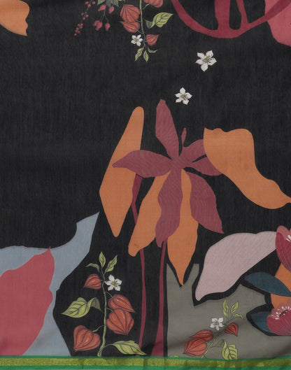 Black Silk Floral Printed Saree