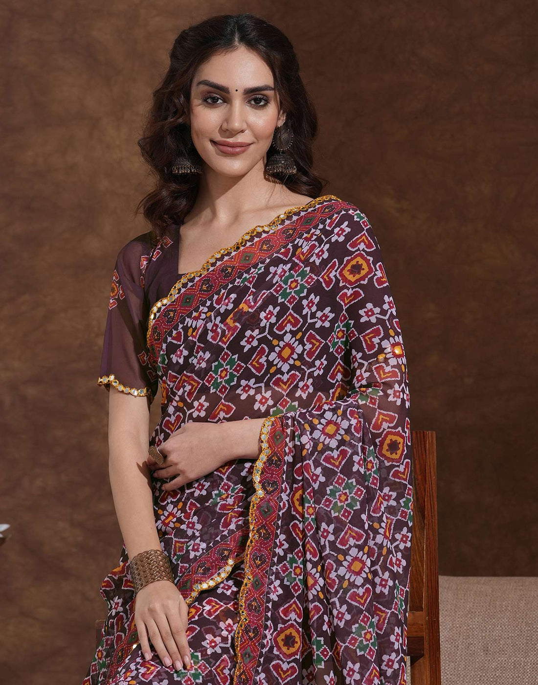 Dusty Wine Georgette Printed Saree