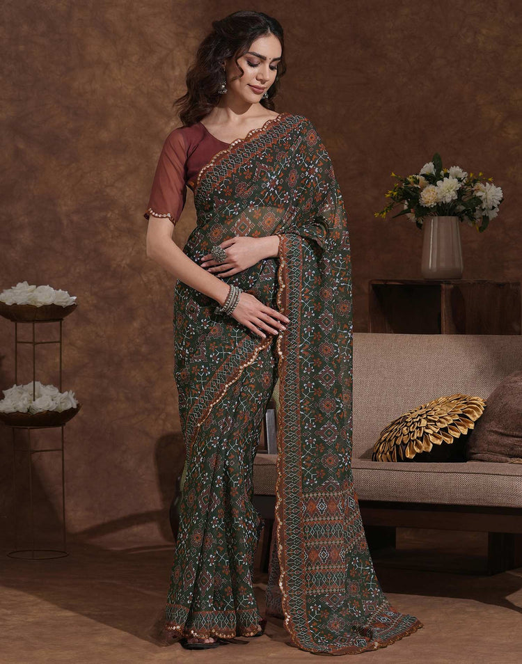 Dark Green Georgette Printed Saree