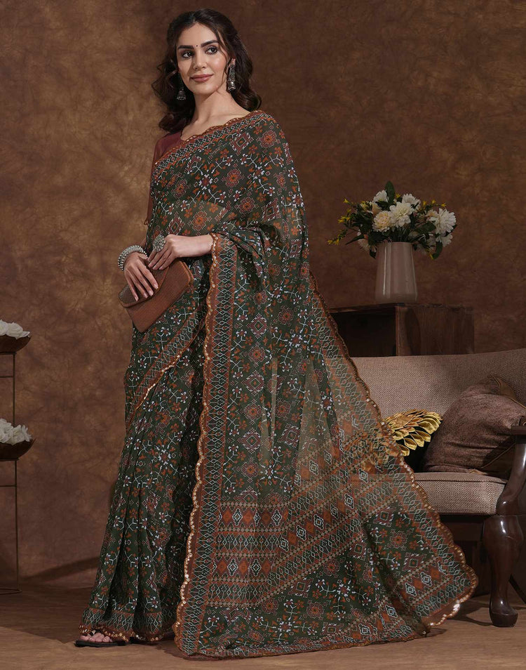 Dark Green Georgette Printed Saree