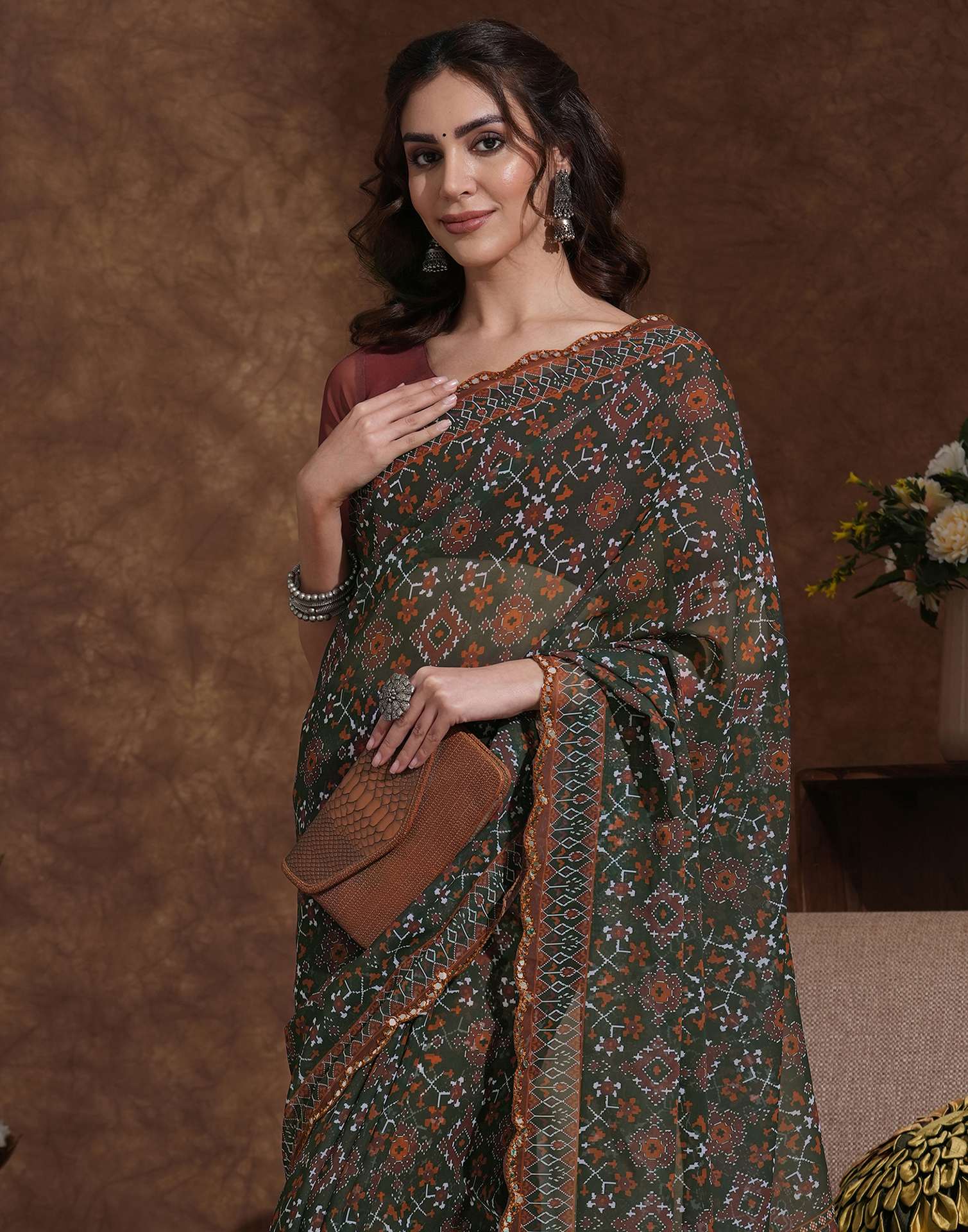 Dark Green Georgette Printed Saree