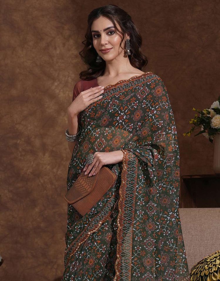 Dark Green Georgette Printed Saree