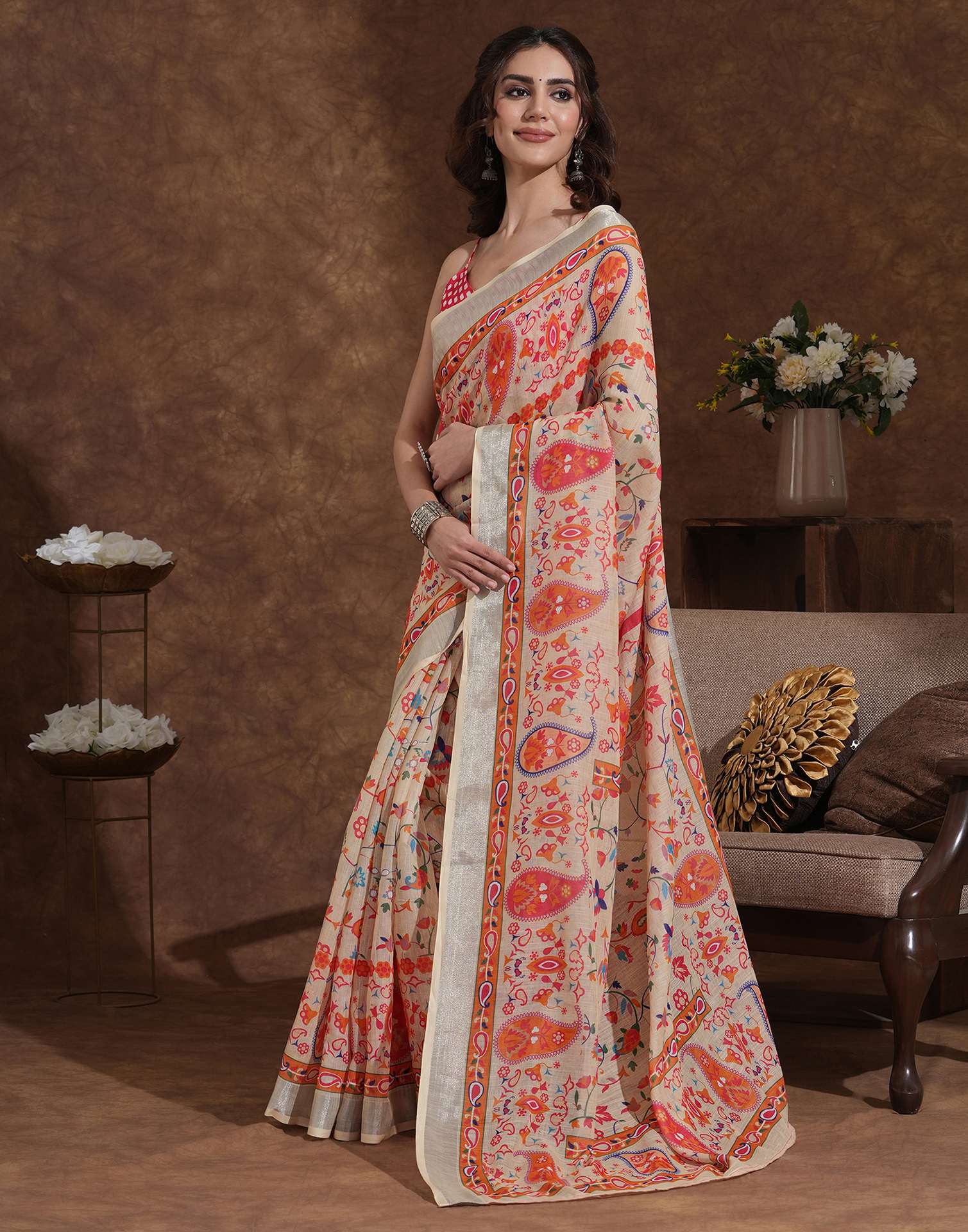 Beige Linen Woven Printed Saree