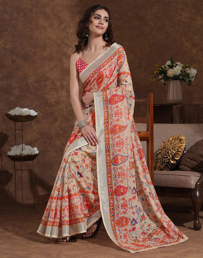 Beige Linen Woven Printed Saree