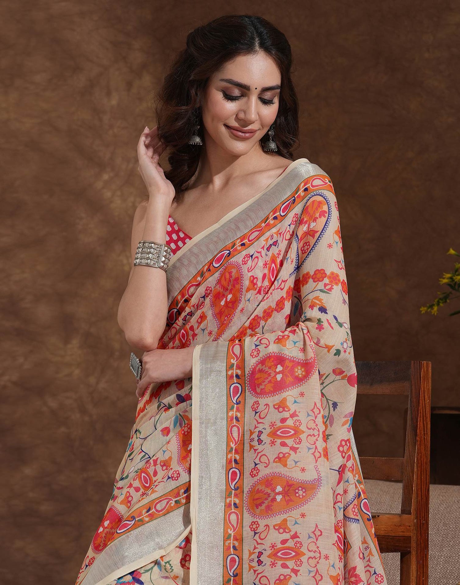 Beige Linen Woven Printed Saree