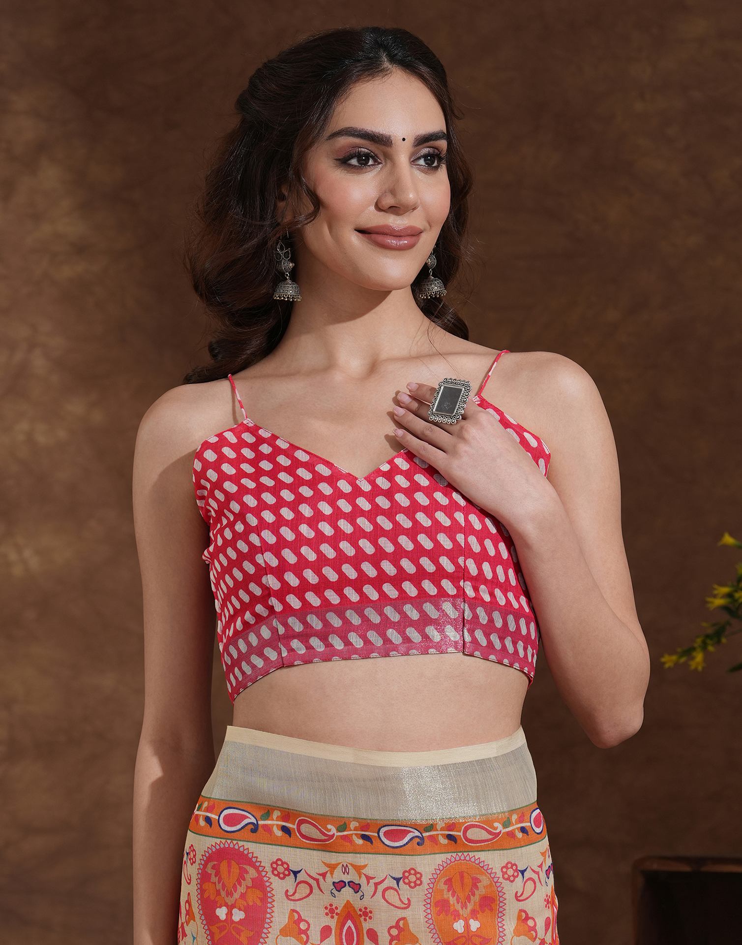 Beige Linen Woven Printed Saree