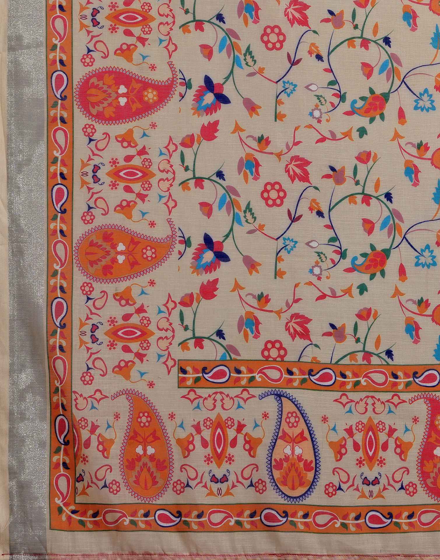 Beige Linen Woven Printed Saree