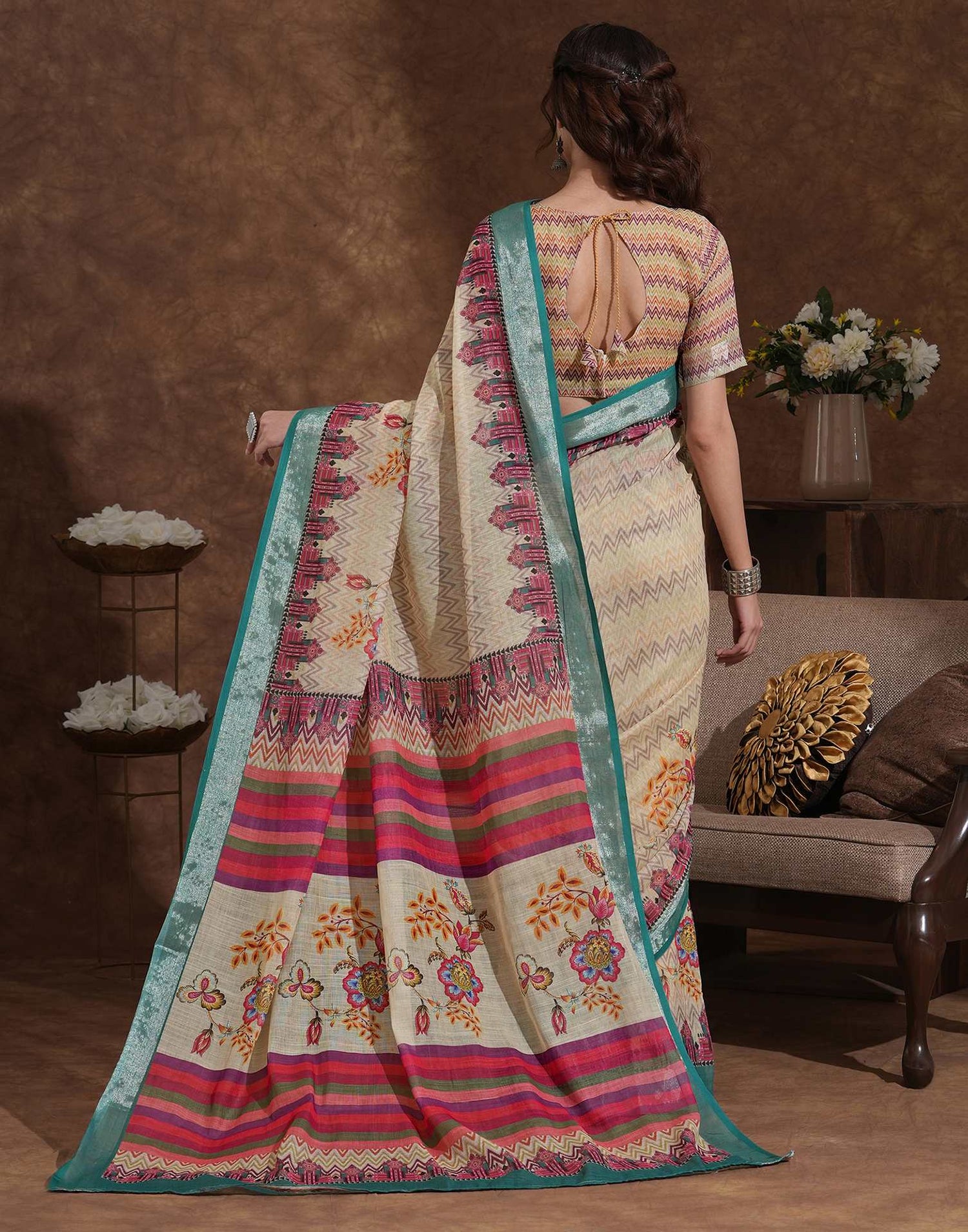 Dusty Beige Linen Woven Printed Saree