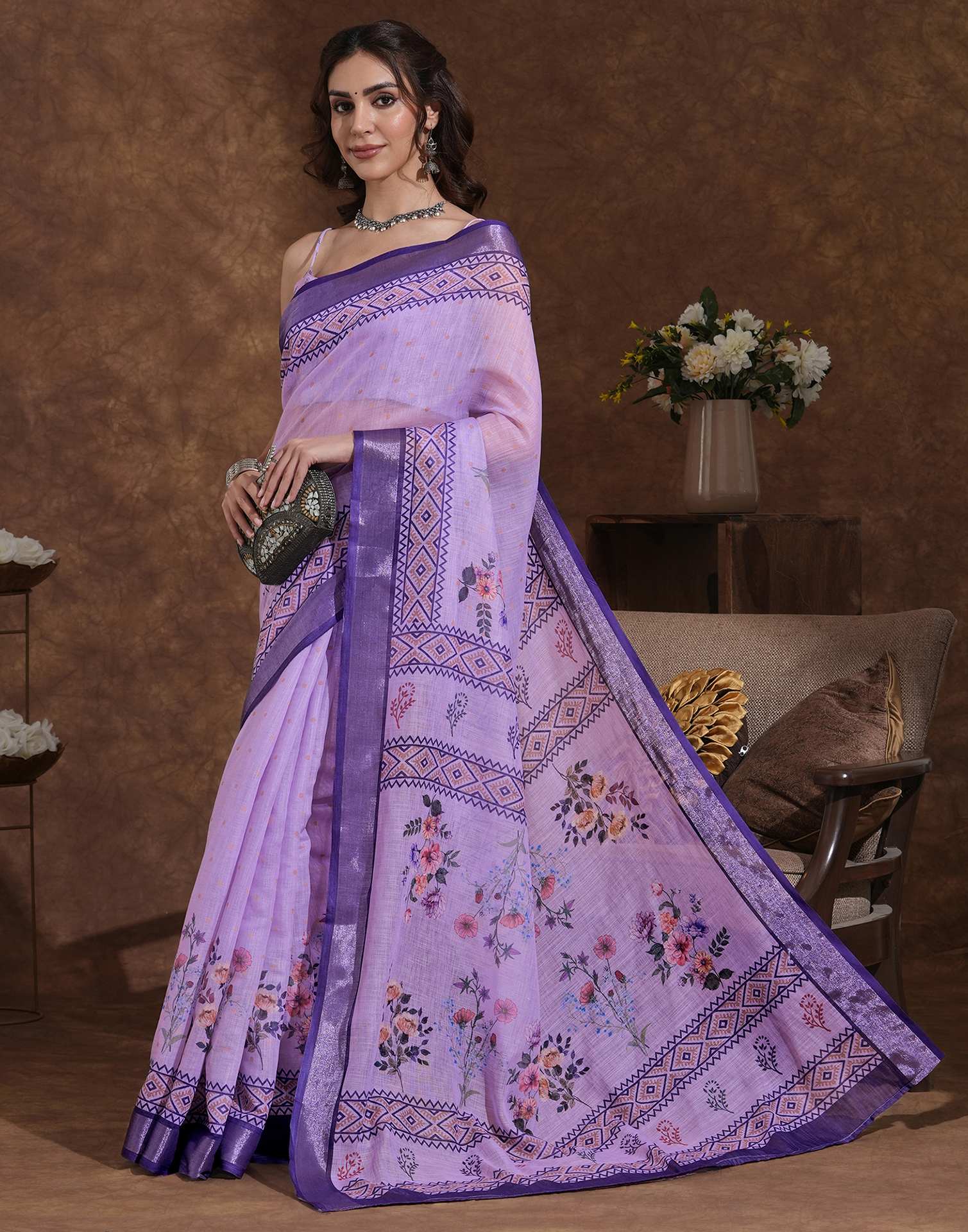 Lavender Linen Woven Printed Saree