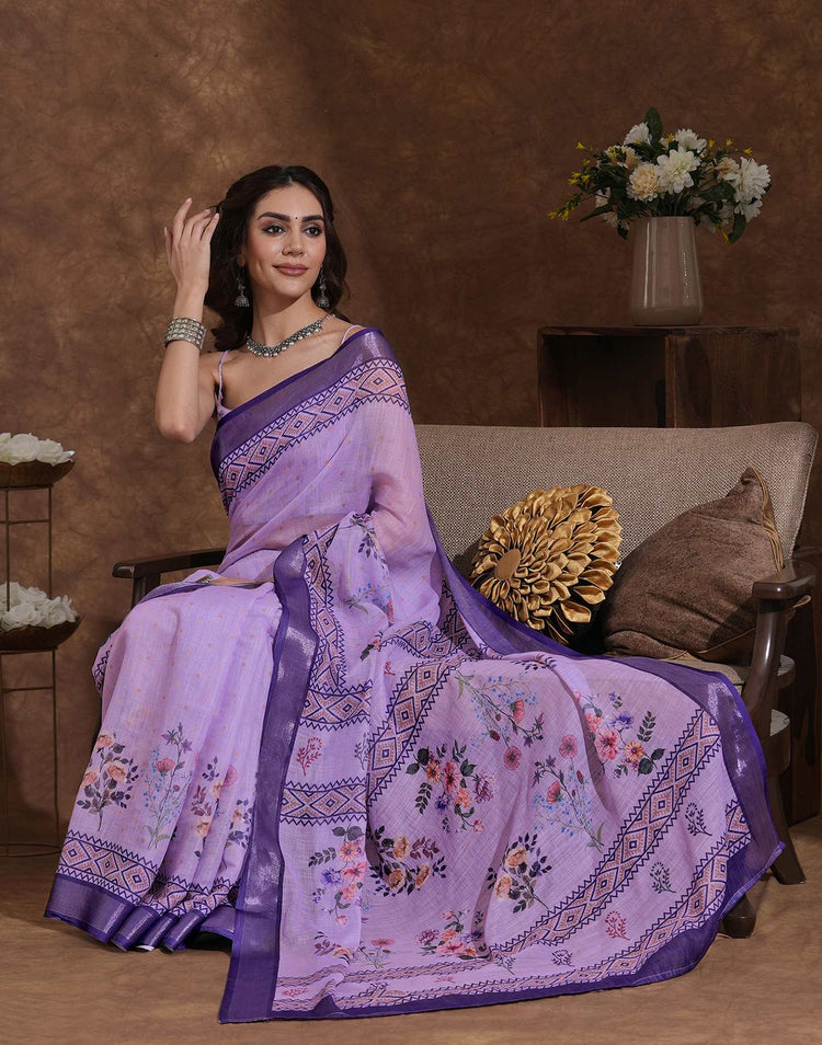 Lavender Linen Woven Printed Saree