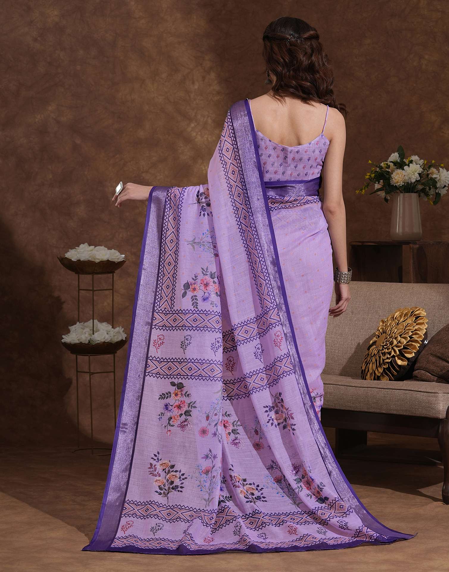Lavender Linen Woven Printed Saree