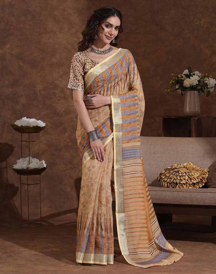 Dark Beige Linen Woven Printed Saree