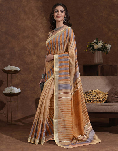 Dark Beige Linen Woven Printed Saree