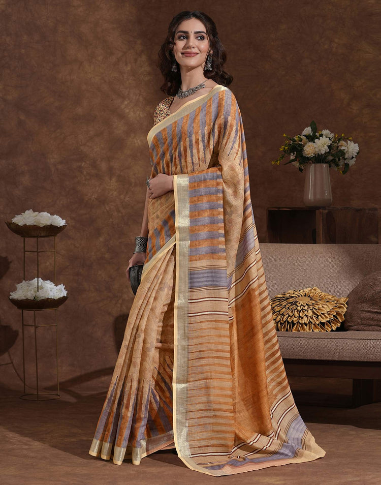 Dark Beige Linen Woven Printed Saree