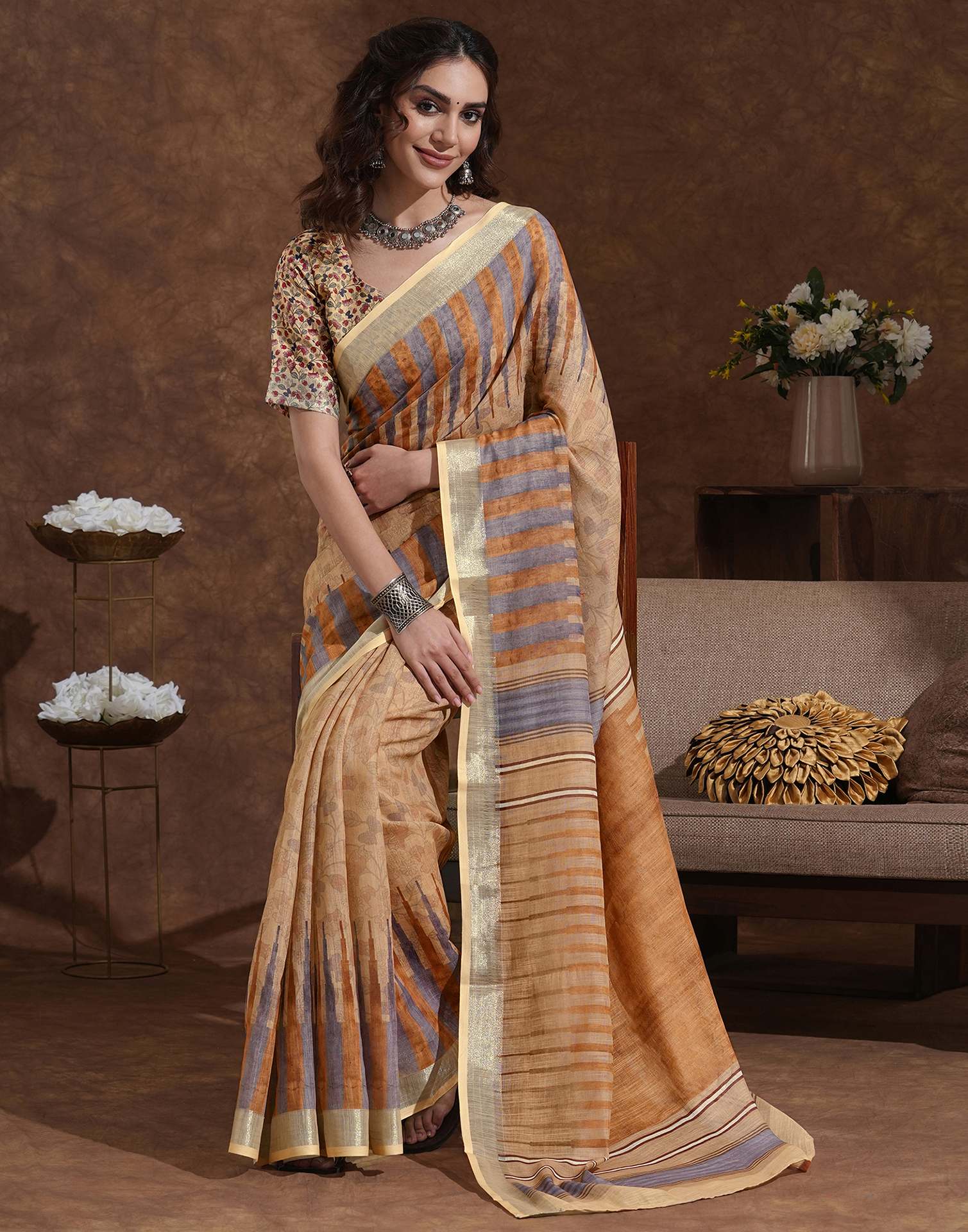 Dark Beige Linen Woven Printed Saree