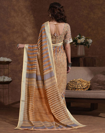 Dark Beige Linen Woven Printed Saree