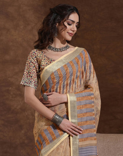 Dark Beige Linen Woven Printed Saree