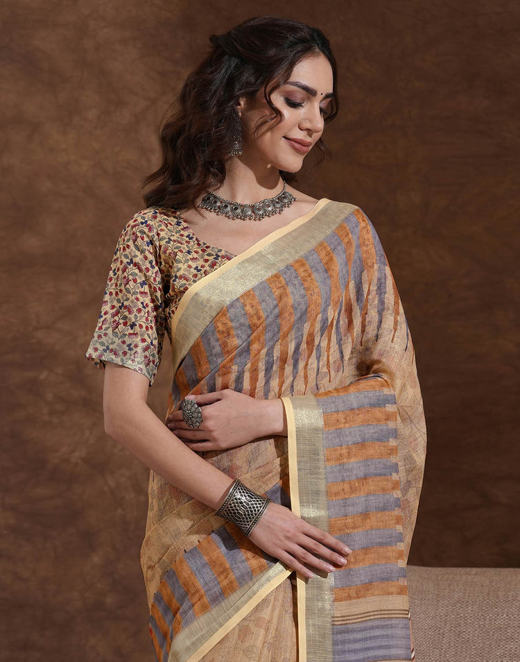 Dark Beige Linen Woven Printed Saree