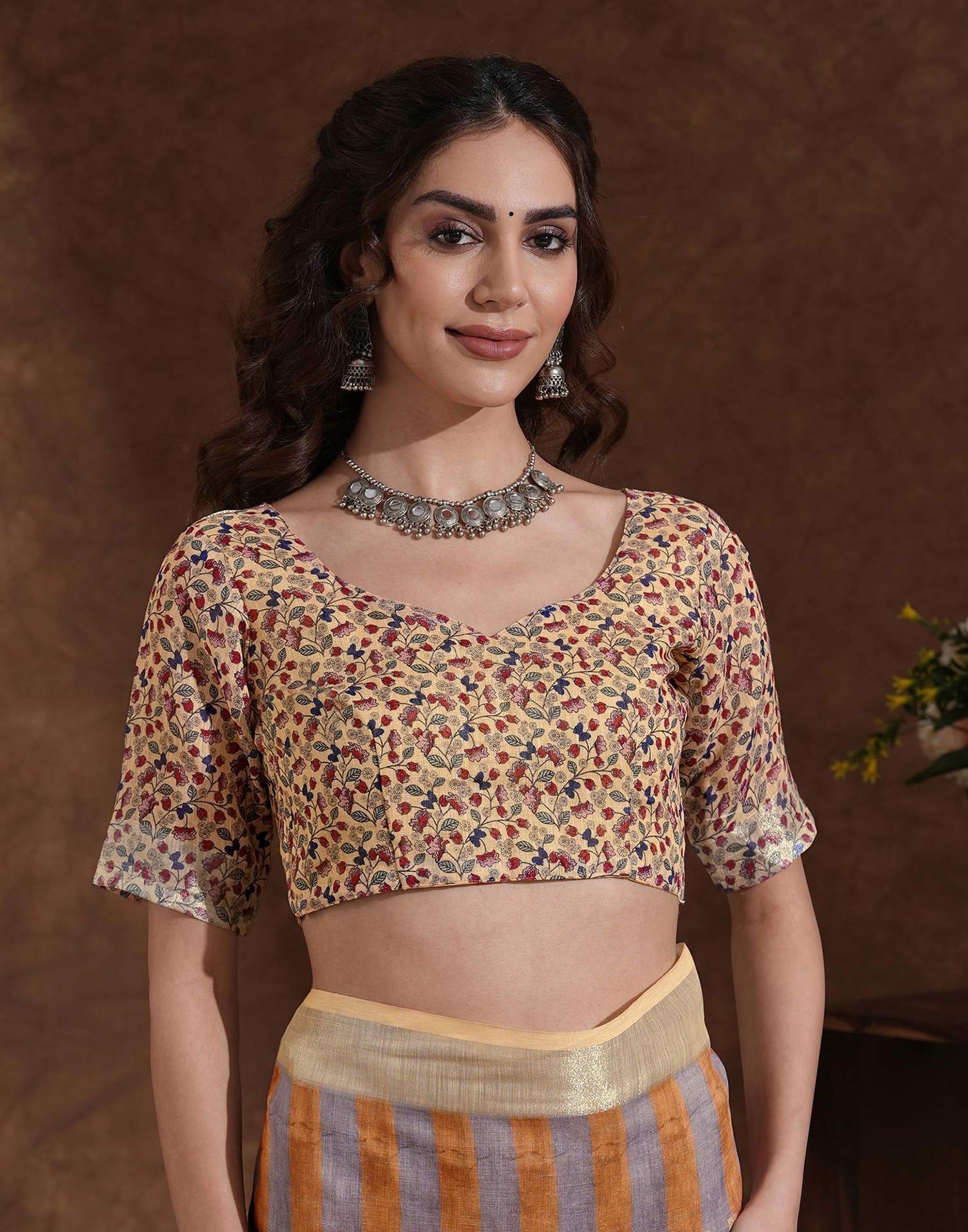 Dark Beige Linen Woven Printed Saree