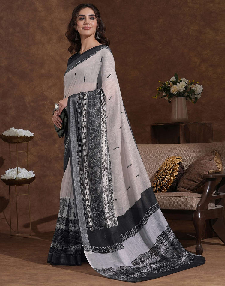 Off White Linen Woven Printed Saree