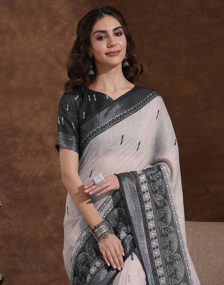 Off White Linen Woven Printed Saree