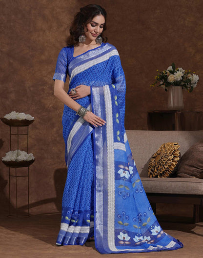 Blue Linen Woven Printed Saree