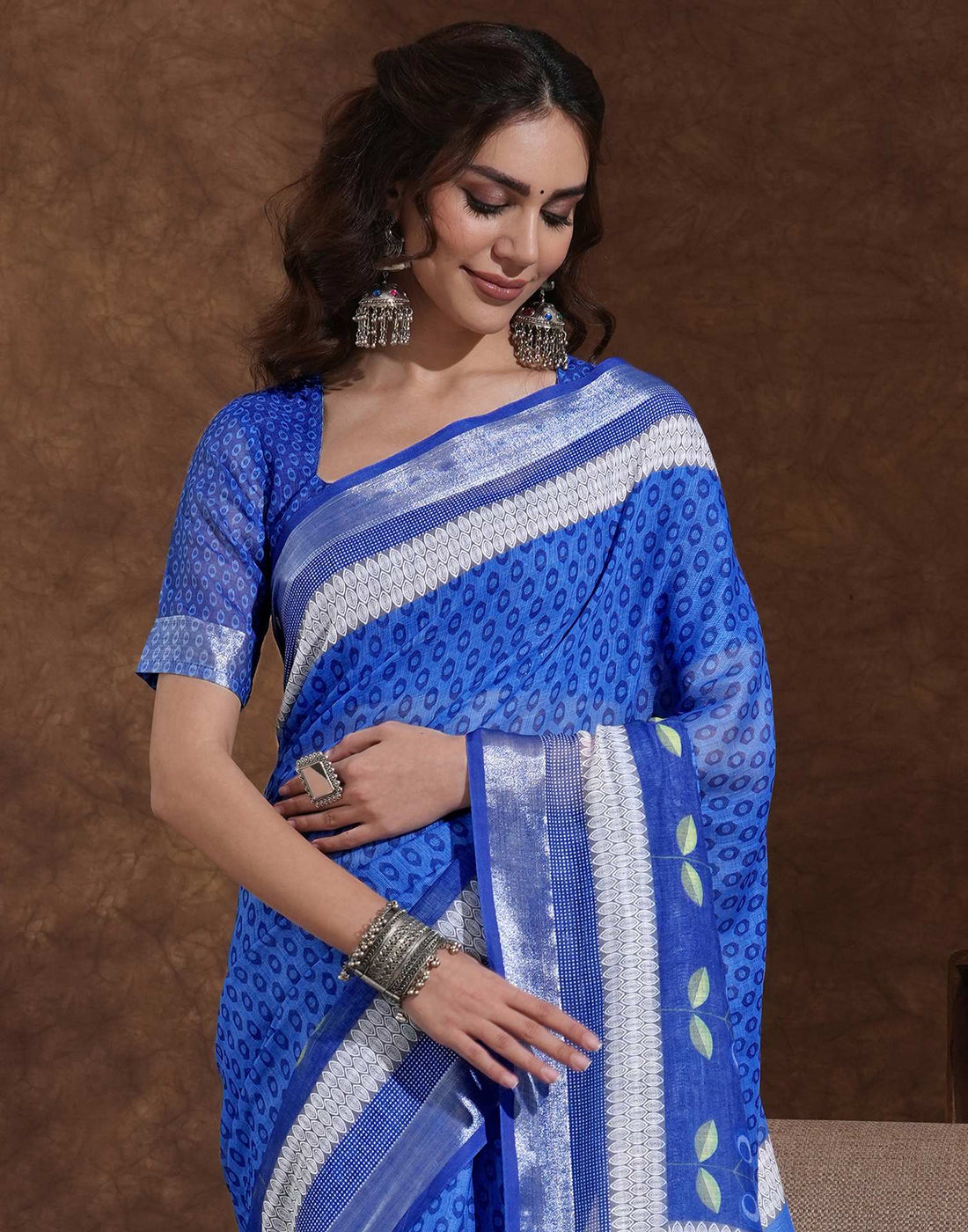 Blue Linen Woven Printed Saree