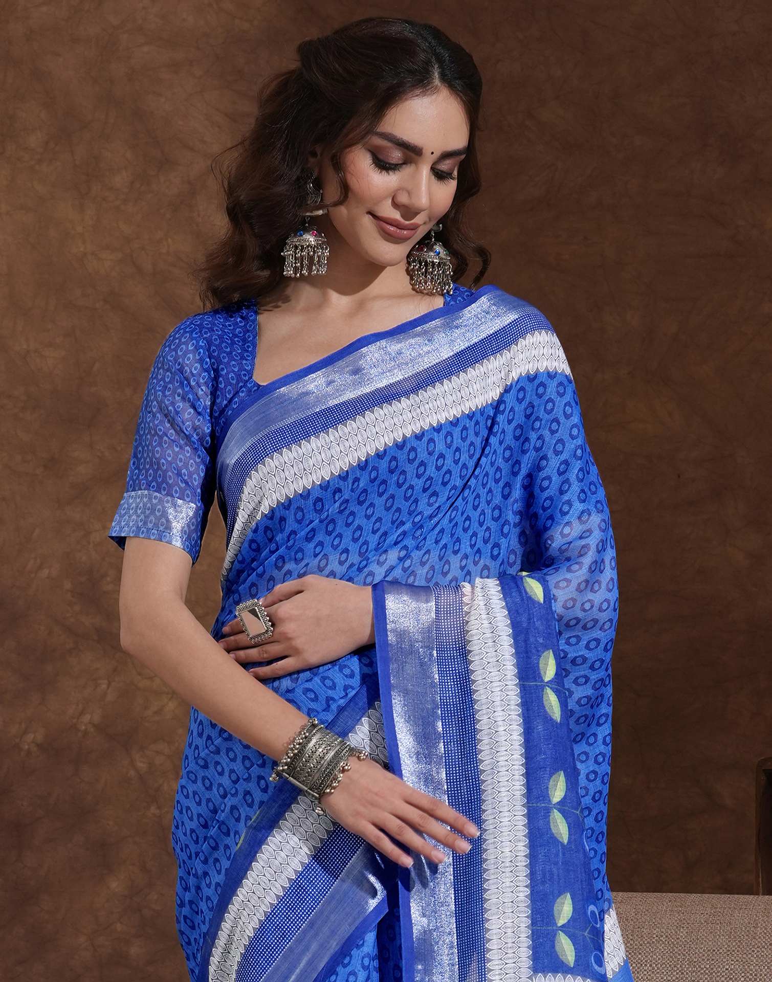 Blue Linen Woven Printed Saree