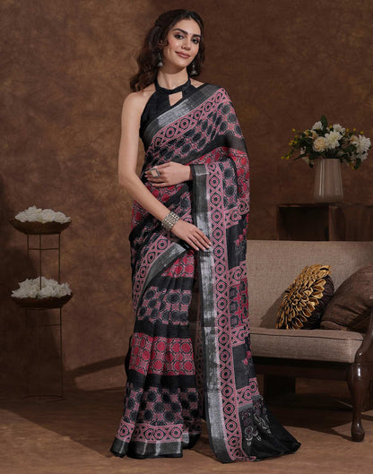 Black Linen Woven Printed Saree