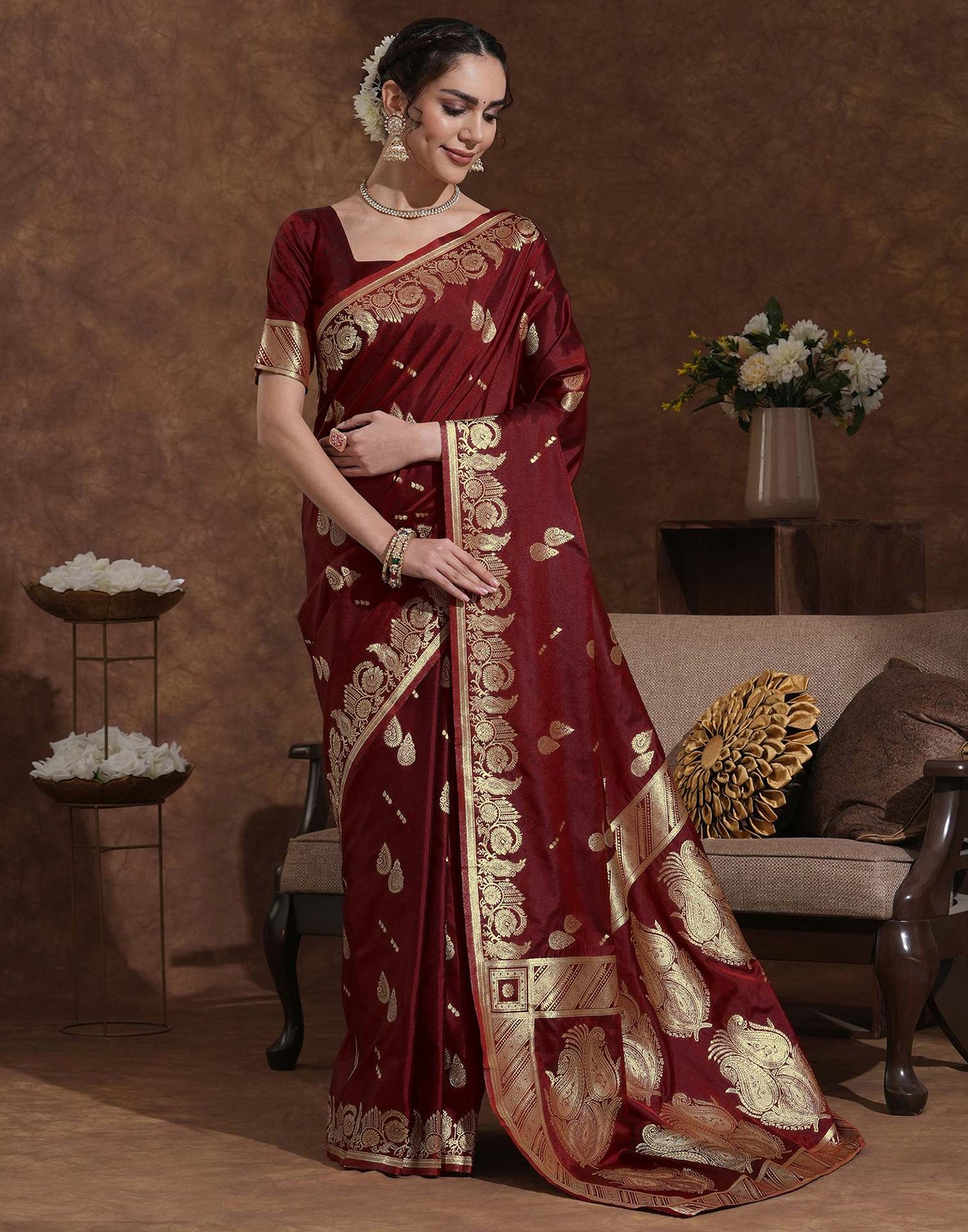 Maroon Silk Woven Banarasi Saree