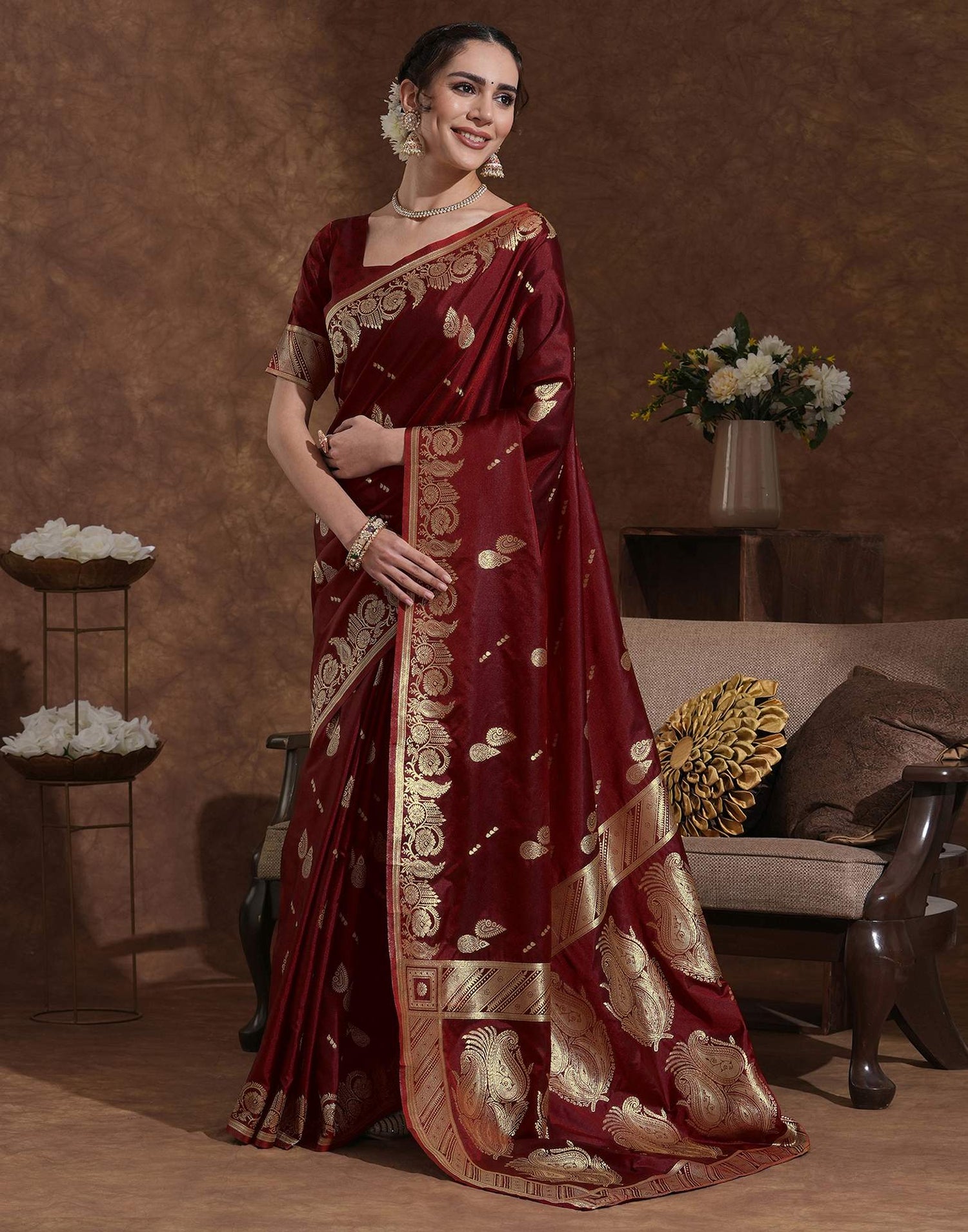 Maroon Silk Woven Banarasi Saree