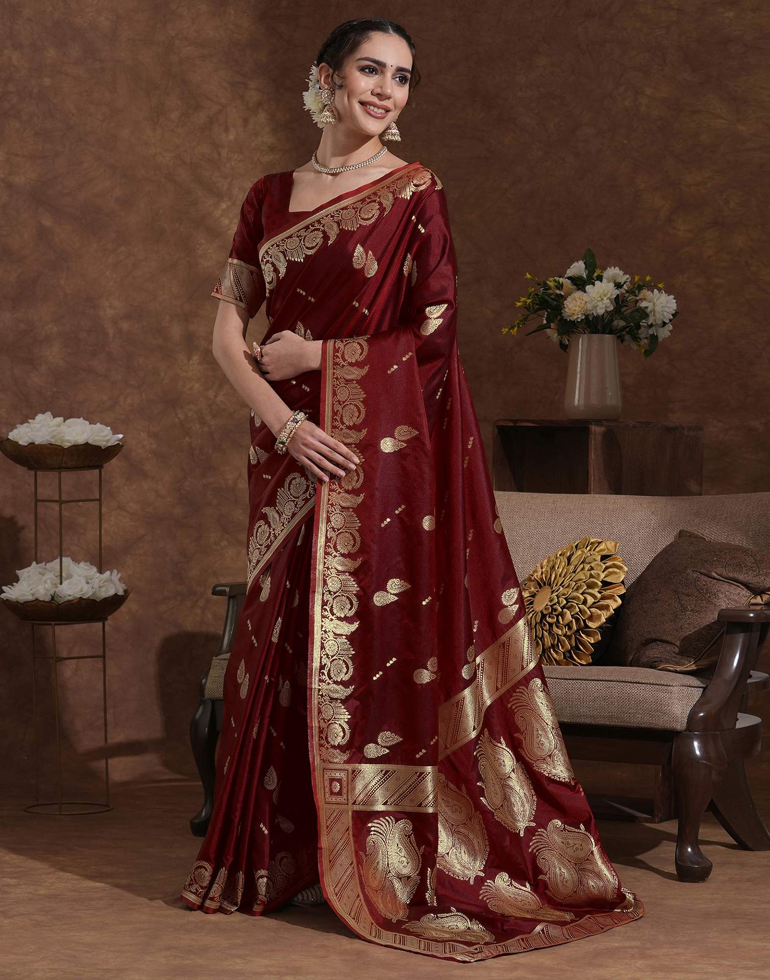 Maroon Silk Woven Banarasi Saree