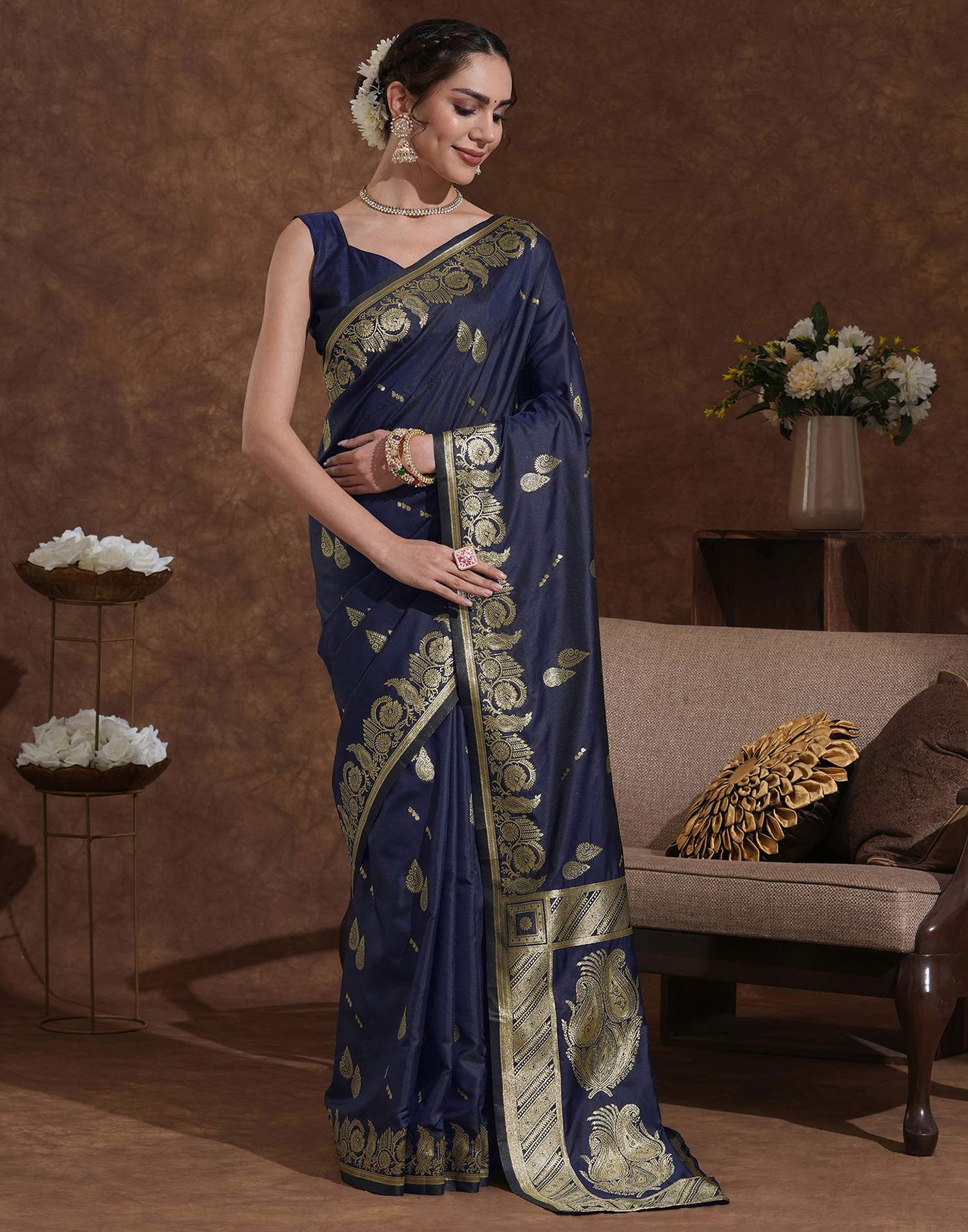 Navy Blue Silk Woven Banarasi Saree